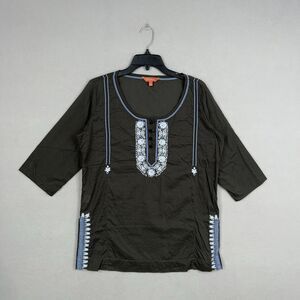 Tommy Bahama Shirt Womens 6 Grey Blue Embroidered Linen Boho Tunic Top Relax